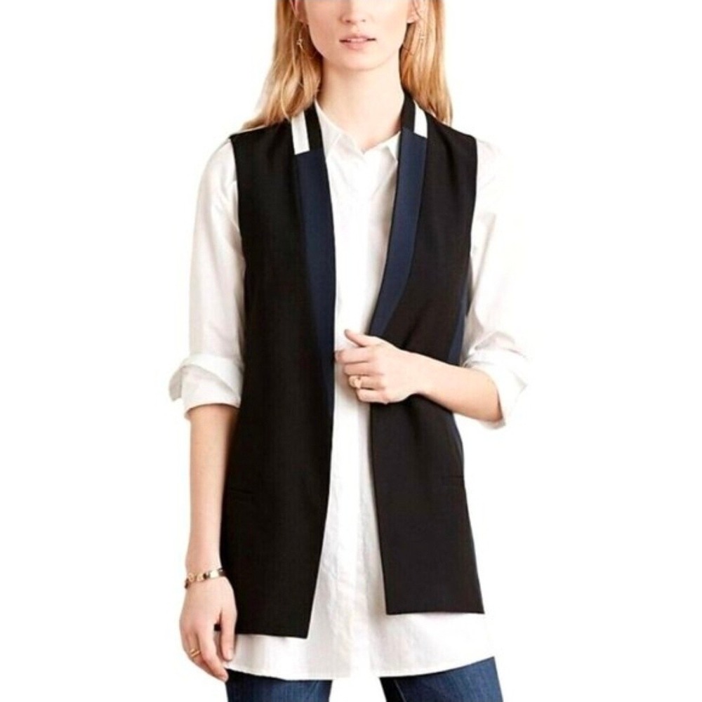 Anthropologie Elevenses Deba Longline Colorblock Vest Black Navy Cream‎ XS
